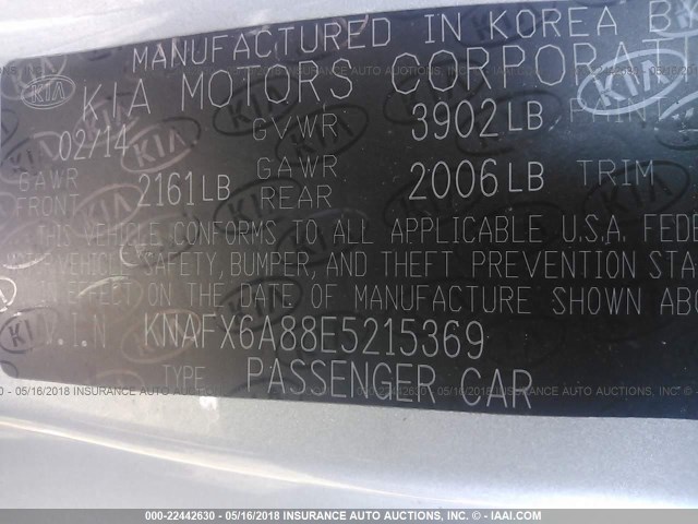 KNAFX6A88E5215369 - 2014 KIA FORTE EX SILVER photo 9