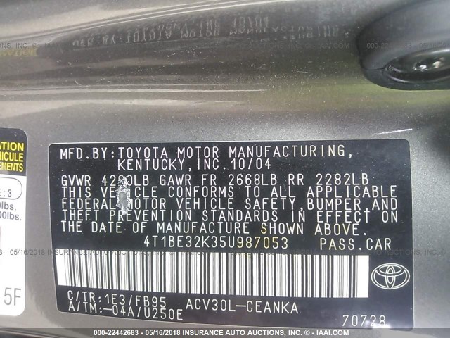 4T1BE32K35U987053 - 2005 TOYOTA CAMRY LE/XLE/SE თაფლისფერი ფოტო 9