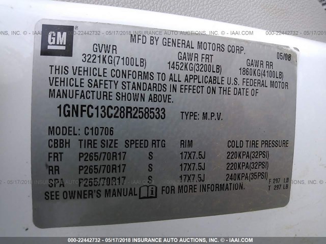 1GNFC13C28R258533 - 2008 CHEVROLET TAHOE C1500 WHITE photo 9