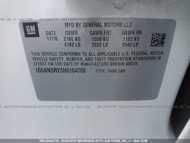 1G6AN5RY5H0164760 - 2017 CADILLAC ATS-V WHITE photo 9