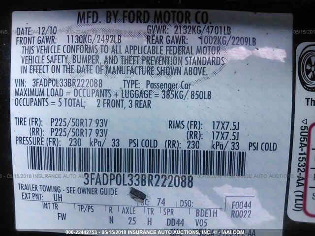 3FADP0L33BR222088 - 2011 FORD FUSION HYBRID BLACK photo 9