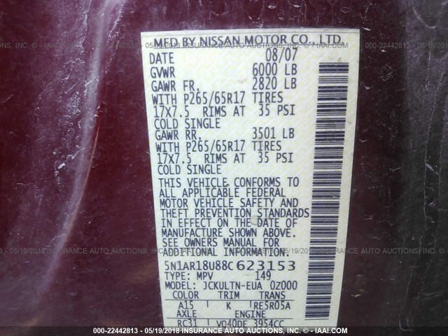 5N1AR18U88C623153 - 2008 NISSAN PATHFINDER S/LE/SE MAROON photo 9