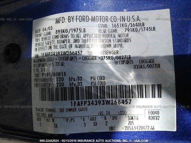 1FAFP34393W266457 - 2003 FORD FOCUS SE COMFORT/SE SPORT BLUE photo 9