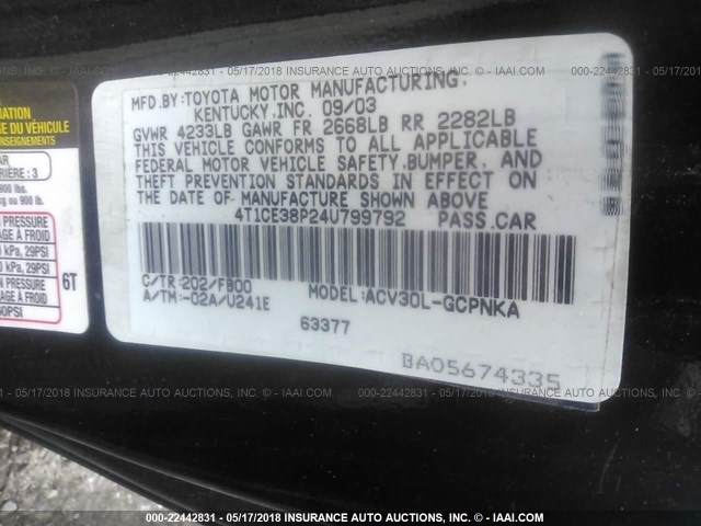 4T1CE38P24U799792 - 2004 TOYOTA CAMRY SOLARA SE/SLE BLACK photo 9