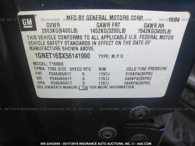 1GNET16SX56141990 - 2005 CHEVROLET TRAILBLAZER EXT LS/EXT LT BLUE photo 9