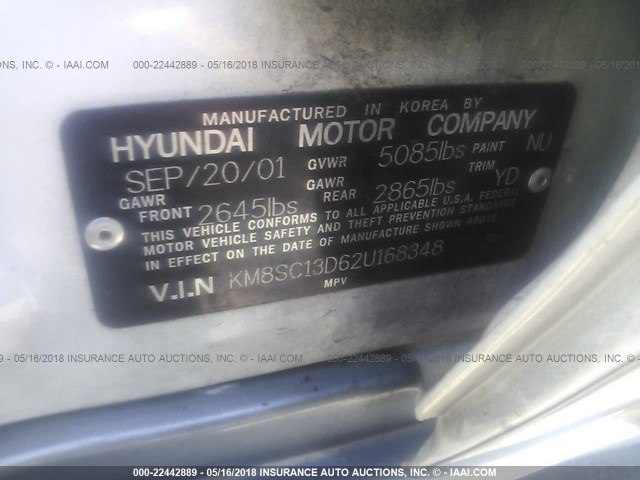 KM8SC13D62U168348 - 2002 HYUNDAI SANTA FE GLS/LX WHITE photo 9