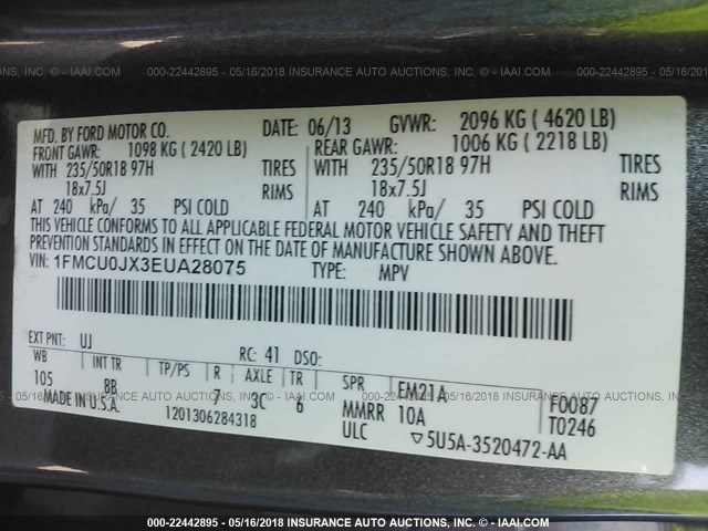 1FMCU0JX3EUA28075 - 2014 FORD ESCAPE TITANIUM GRAY photo 9