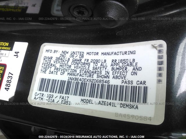 1NXBE40EX9Z068546 - 2009 TOYOTA COROLLA XRS GRAY photo 9