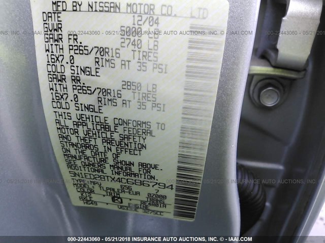 5N1ED28TX4C686794 - 2004 NISSAN XTERRA XE/SE SILVER photo 9