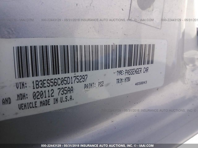 1B3ES56C05D175297 - 2005 DODGE NEON SXT GRAY photo 9