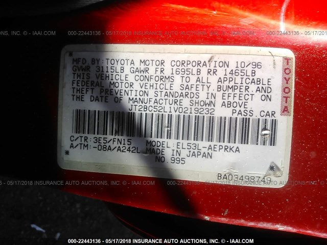 JT2BC52L1V0219232 - 1997 TOYOTA TERCEL CE RED photo 9