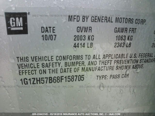 1G1ZH57B68F158705 - 2008 CHEVROLET MALIBU 1LT 银色 照片 9