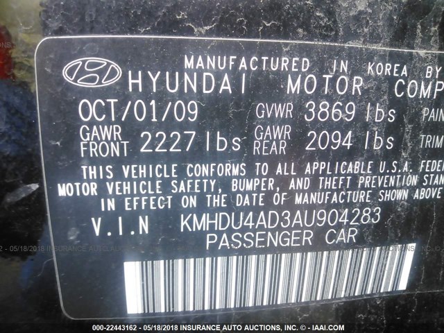 KMHDU4AD3AU904283 - 2010 HYUNDAI ELANTRA BLUE/GLS/SE BLACK photo 9