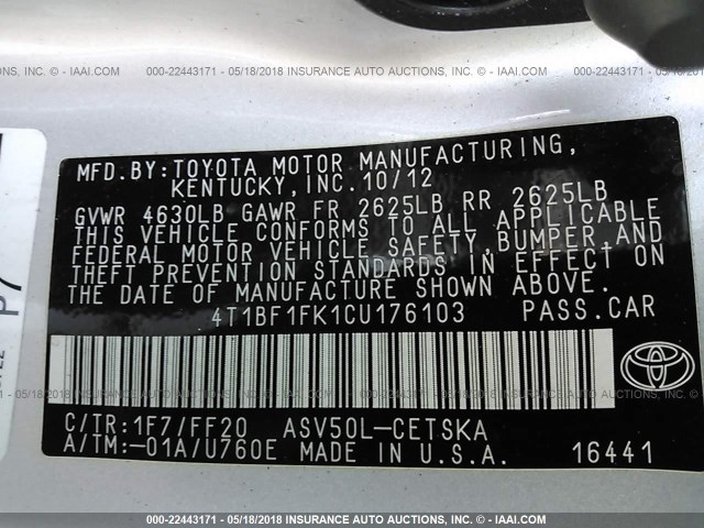 4T1BF1FK1CU176103 - 2012 TOYOTA CAMRY SE/LE/XLE 银色 照片 9