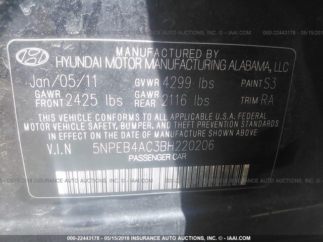 5NPEB4AC3BH220206 - 2011 HYUNDAI SONATA GLS BLACK photo 9