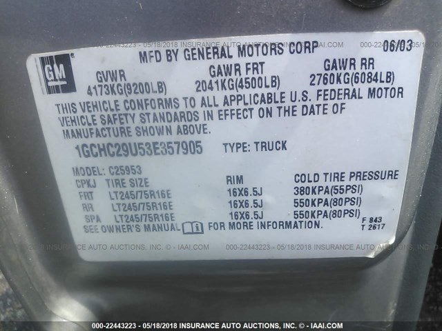 1GCHC29U53E357905 - 2003 CHEVROLET SILVERADO C2500 HEAVY DUTY GRAY photo 9