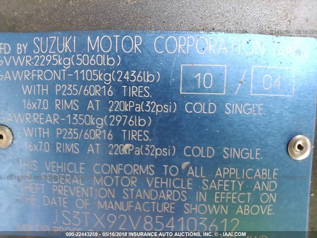 JS3TX92V854103612 - 2005 SUZUKI XL7 EX/LX GREEN photo 9