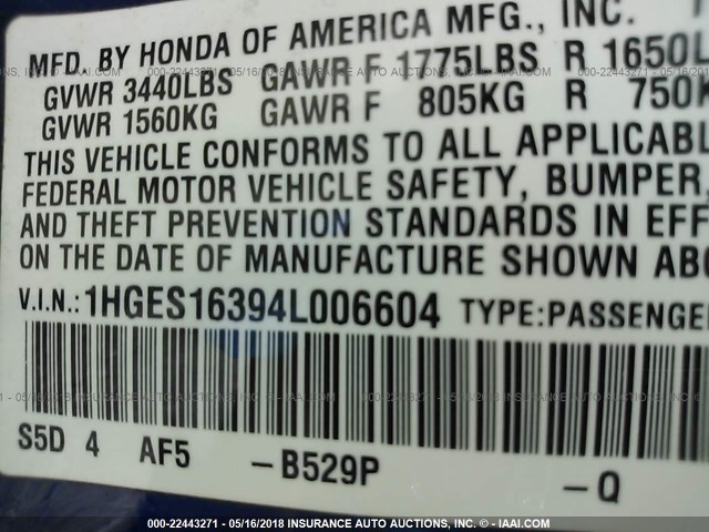 1HGES16394L006604 - 2004 HONDA CIVIC DX VP BLUE photo 9