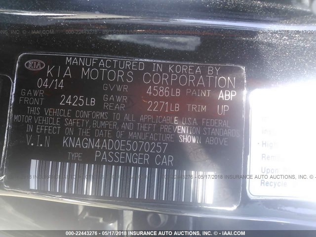 KNAGN4AD0E5070257 - 2014 KIA OPTIMA HYBRID BLACK photo 9