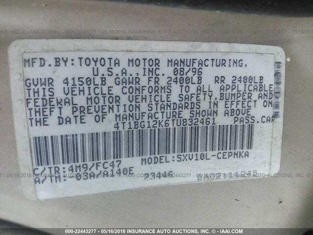 4T1BG12K6TU832461 - 1996 TOYOTA CAMRY DX/LE/XLE GOLD photo 9