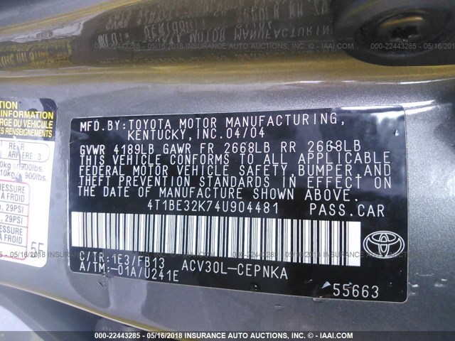4T1BE32K74U904481 - 2004 TOYOTA CAMRY LE/XLE/SE GRAY photo 9