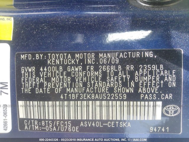 4T1BF3EK8AU522559 - 2010 TOYOTA CAMRY SE/LE/XLE BLUE photo 9