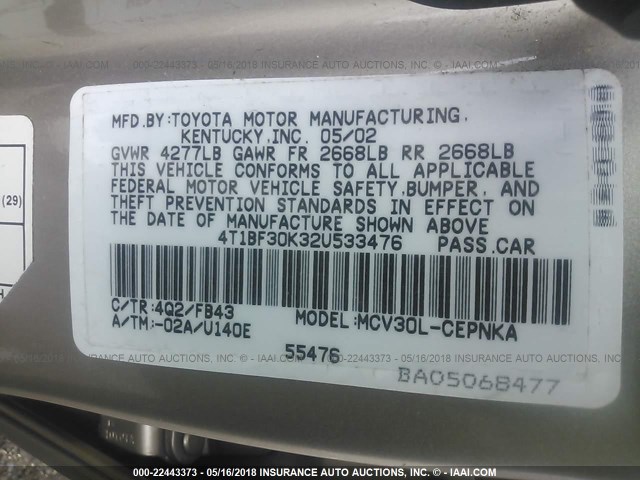 4T1BF30K32U533476 - 2002 TOYOTA CAMRY LE/XLE/SE 金色 照片 9