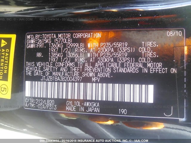 JTJZB1BA3B2004397 - 2011 LEXUS RX 450 BLACK photo 9