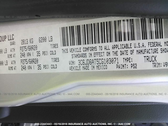 3C6JD6AT5CG103071 - 2012 DODGE RAM 1500 ST SILVER photo 9