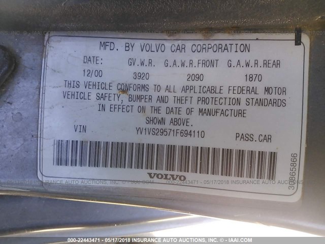 YV1VS29571F694110 - 2001 VOLVO S40 1.9T SILVER photo 9