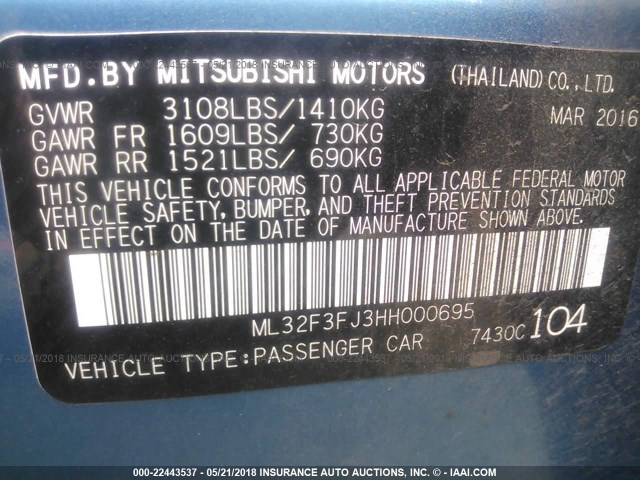 ML32F3FJ3HH000695 - 2017 MITSUBISHI MIRAGE G4 ES ლურჯი ფოტო 9