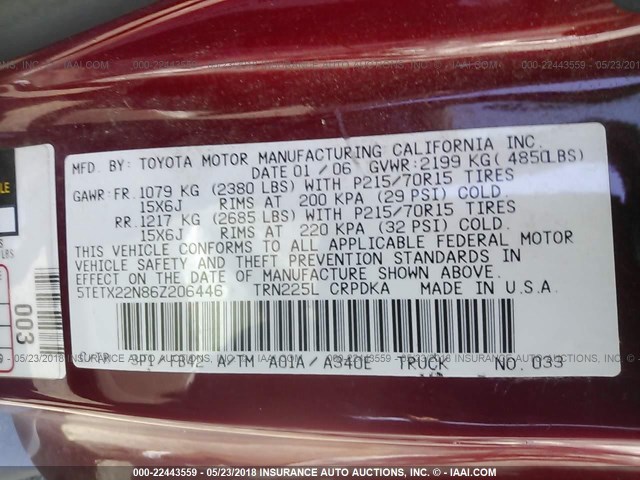 5TETX22N86Z206446 - 2006 TOYOTA TACOMA ACCESS CAB Қызыл фото 9