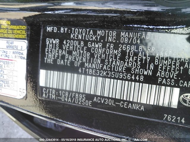 4T1BE32K35U956448 - 2005 TOYOTA CAMRY LE/XLE/SE GRAY photo 9