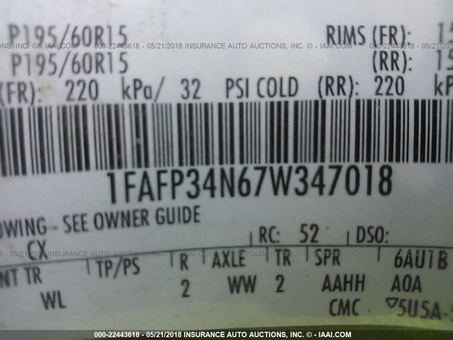 1FAFP34N67W347018 - 2007 FORD FOCUS ZX4/S/SE/SES GRAY photo 9