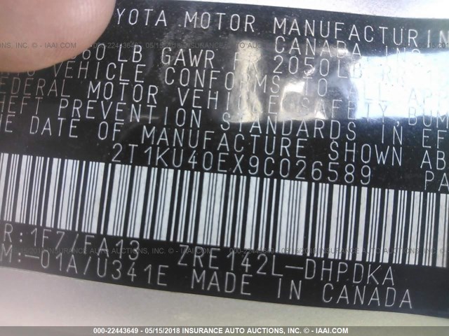 2T1KU40EX9C026589 - 2009 TOYOTA COROLLA MATRIX  SILVER photo 9