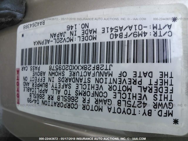 JT2BF28KXX0209578 - 1999 TOYOTA CAMRY LE/XLE GOLD photo 9