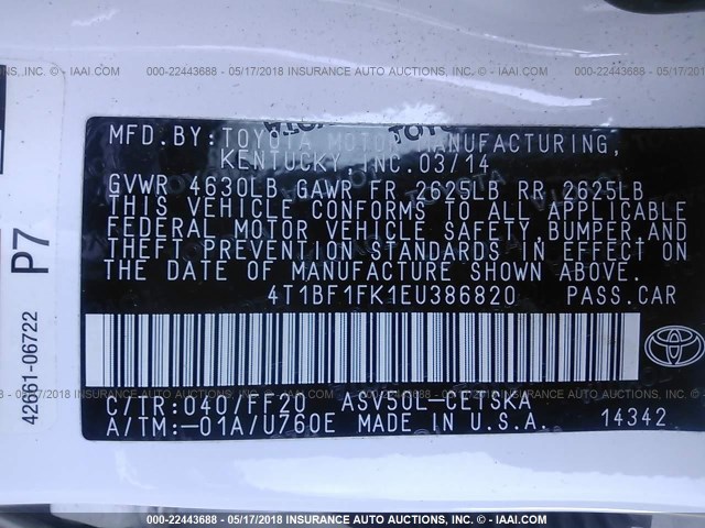 4T1BF1FK1EU386820 - 2014 TOYOTA CAMRY L/SE/LE/XLE თეთრი ფოტო 9