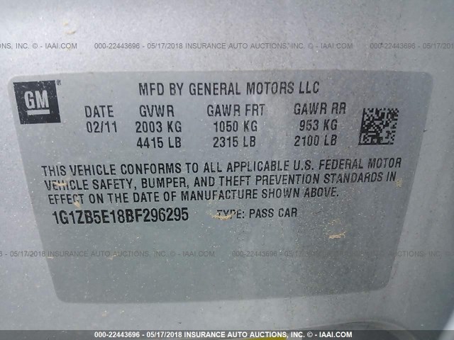 1G1ZB5E18BF296295 - 2011 CHEVROLET MALIBU LS 银色 照片 9