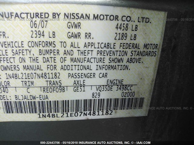 1N4BL21E07N481182 - 2007 NISSAN ALTIMA 3.5SE/3.5SL GREEN photo 9