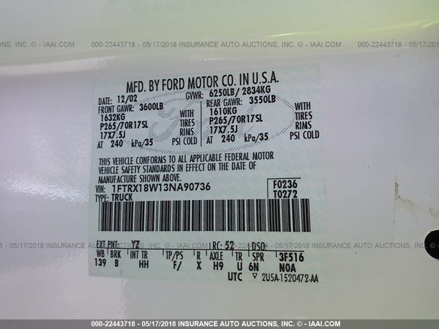 1FTRX18W13NA90736 - 2003 FORD F150 WHITE photo 9