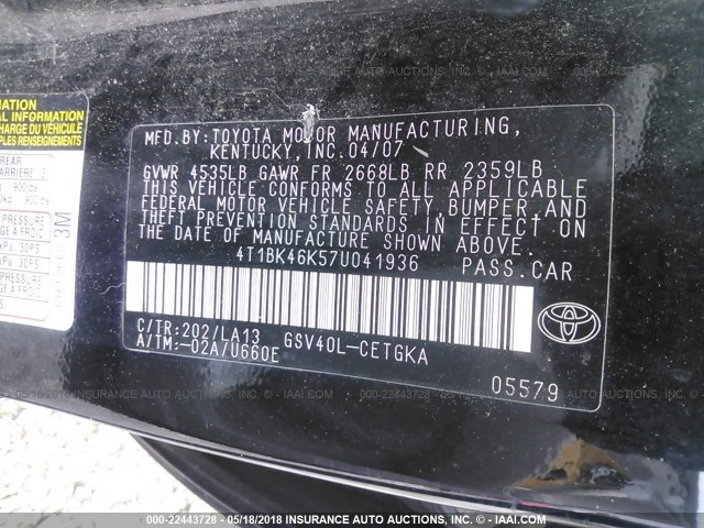 4T1BK46K57U041936 - 2007 TOYOTA CAMRY NEW GENERAT LE/XLE/SE BLACK photo 9