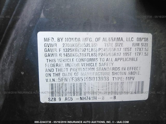 5FNYF38519B013938 - 2009 HONDA PILOT EXL GRAY photo 9