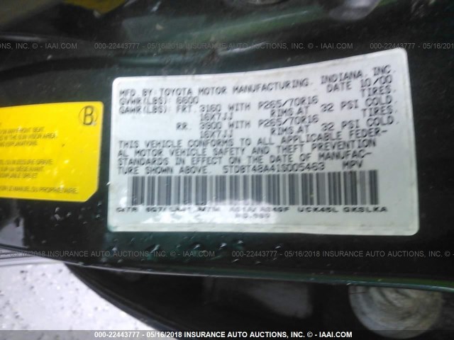 5TDBT48A41S005463 - 2001 TOYOTA SEQUOIA LIMITED GREEN photo 9