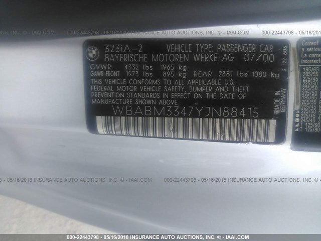 WBABM3347YJN88415 - 2000 BMW 323 CI SILVER photo 9