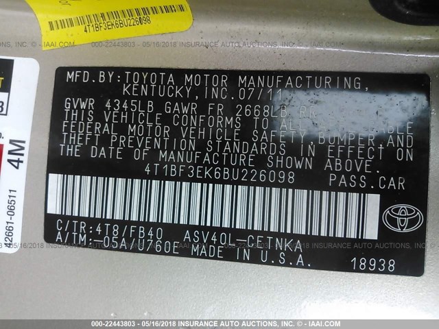 4T1BF3EK6BU226098 - 2011 TOYOTA CAMRY SE/LE/XLE BEIGE photo 9