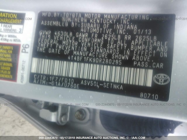 4T4BF1FK9DR280295 - 2013 TOYOTA CAMRY L/SE/LE/XLE SILVER photo 9