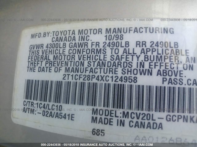 2T1CF28P4XC124958 - 1999 TOYOTA CAMRY SOLARA SE/SLE ვერცხლისფერი ფოტო 9