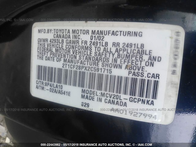 2T1CF28PX2C591715 - 2002 TOYOTA CAMRY SOLARA SE/SLE ლურჯი ფოტო 9