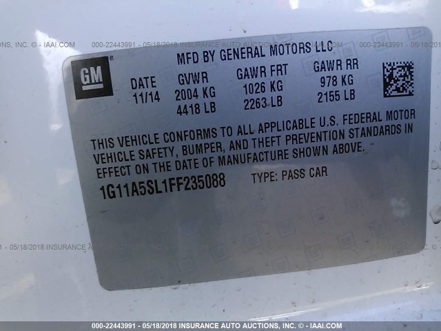 1G11A5SL1FF235088 - 2015 CHEVROLET MALIBU LS WHITE photo 9