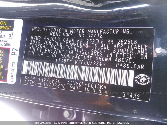 4T1BF1FK7CU072845 - 2012 TOYOTA CAMRY SE/LE/XLE BLACK photo 9